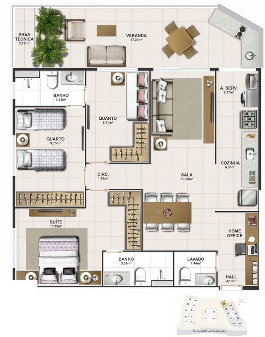 Planta 101 m² — Torre Norte · Coluna 7