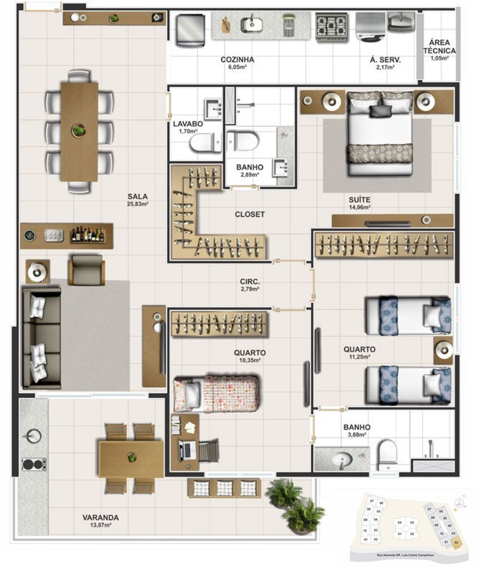 Planta 107 m² — Torre Norte · Coluna 2