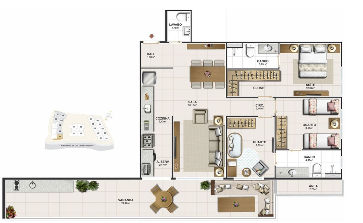 Planta 109 m² — Torre Sul · Un. 302