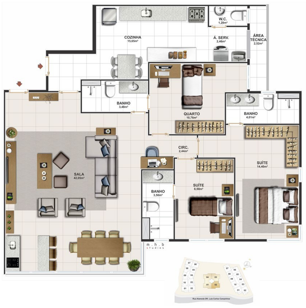 Planta 124 m² — Torre Central · Sala ampliada