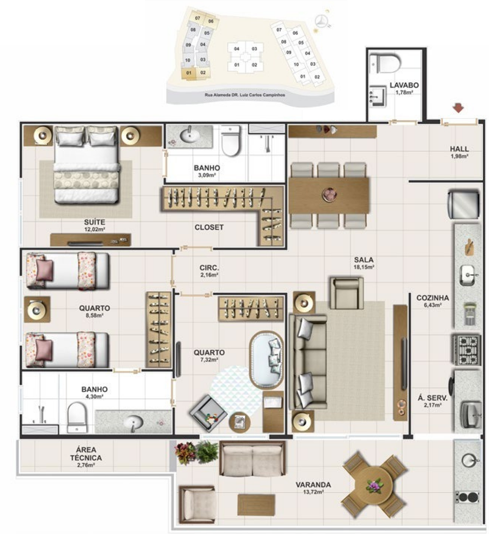 Planta 93 m² — Colunas 1, 2, 6 e 7