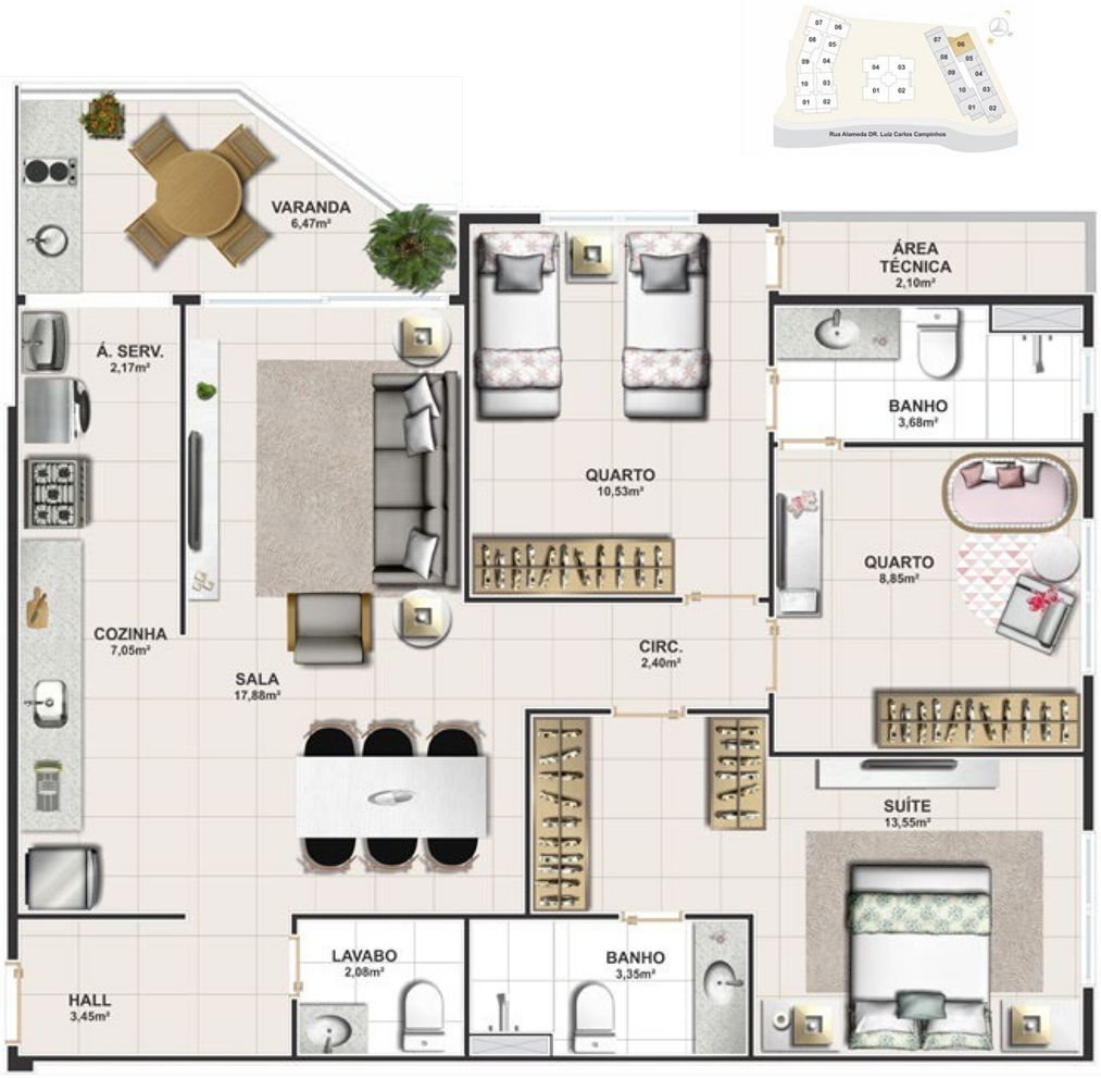Planta 94 m² — Torre Norte · Coluna 6
