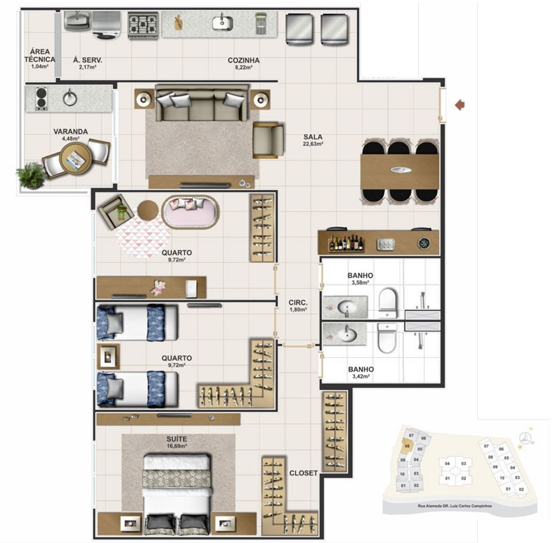 Planta 94 m² — Torre Sul · Coluna 8